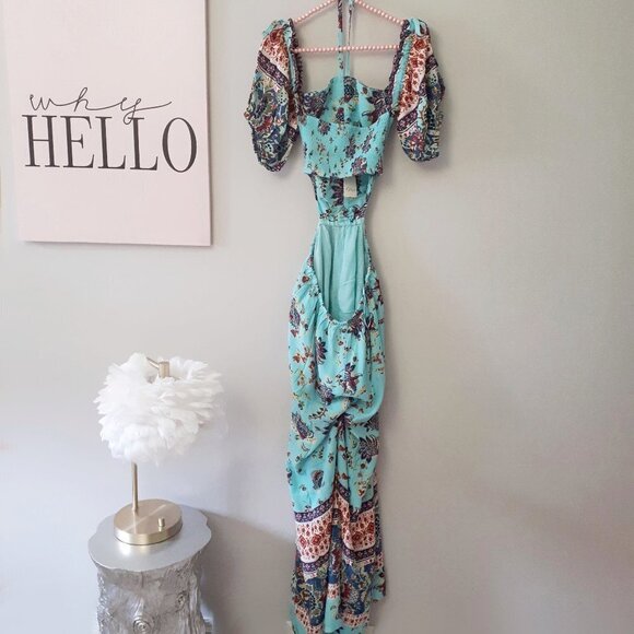 NWT Free People turquoise blue tropical floral print one piece jumpsuit, S - Picture 16 of 16
